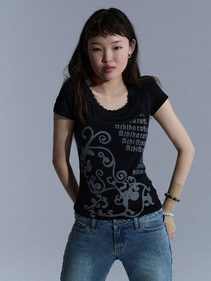 Achihara Peppermint Lace Cropped Slim Fit Tee
