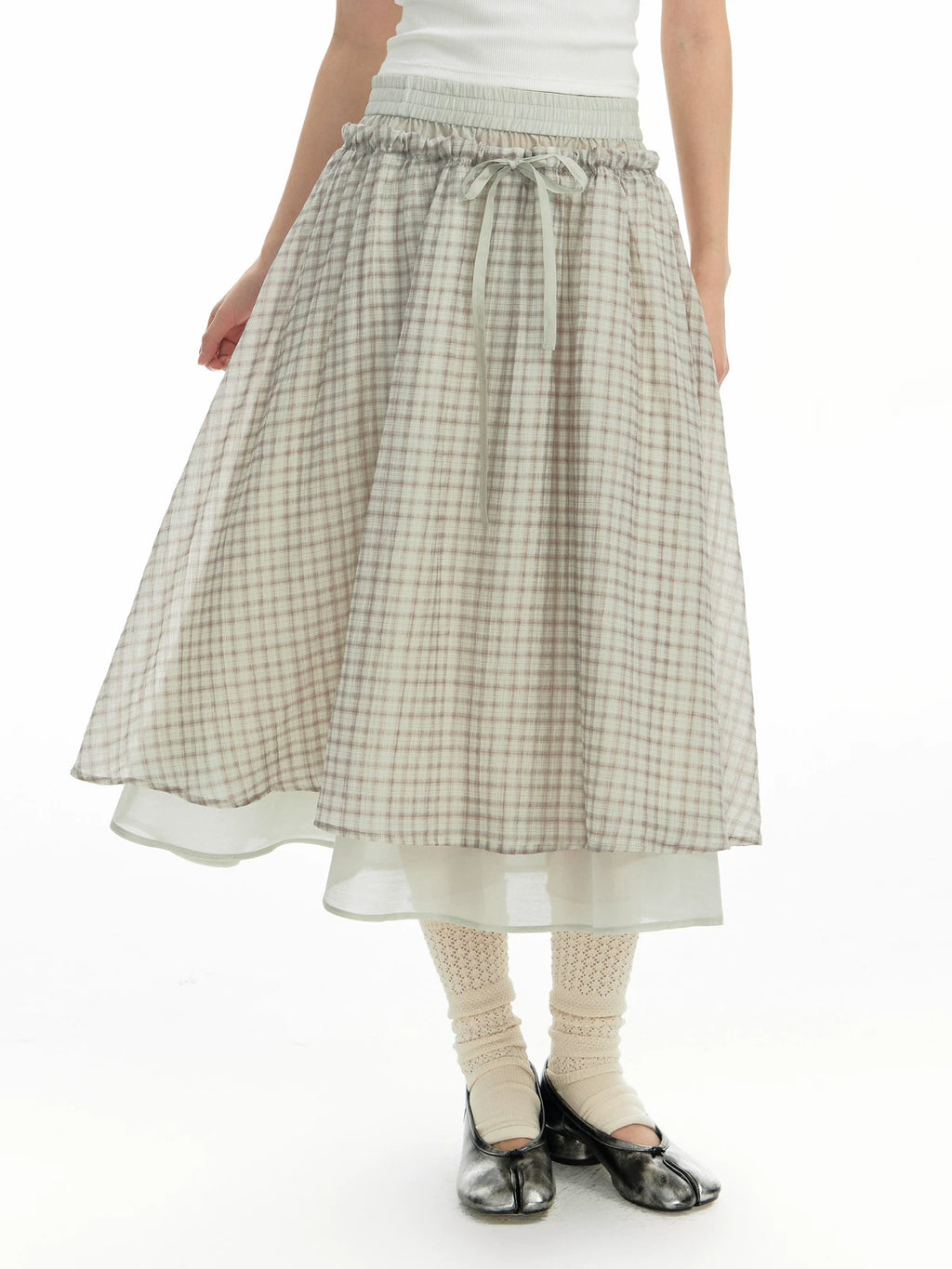 TGNS Vintage Plaid Low-Rise A-Line Midi Skirt