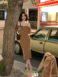 KELIFAN Semi-high-neck Waist Off-the-shoulder Knitted Dress