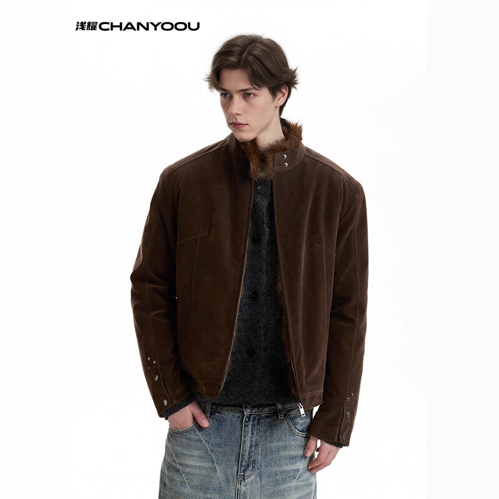 CHANYOOU Retro Suede Stand-up Collar Fleece Short Jacket
