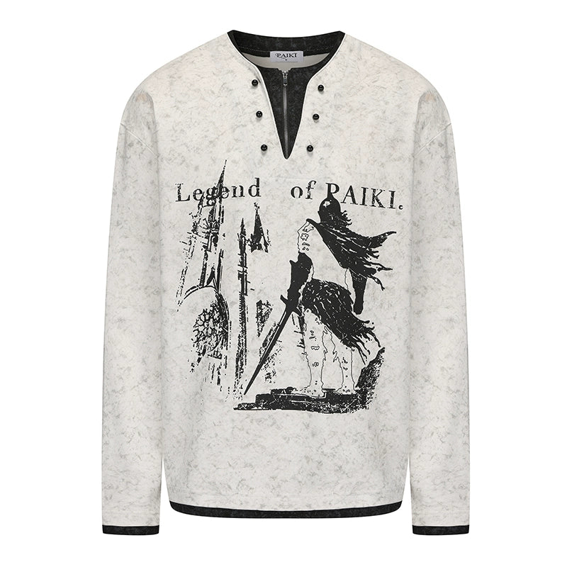 PAIKI Knight's Castle Henry Neck Pearl Buckle Fake Two-piece V-Neck Long Sleeve