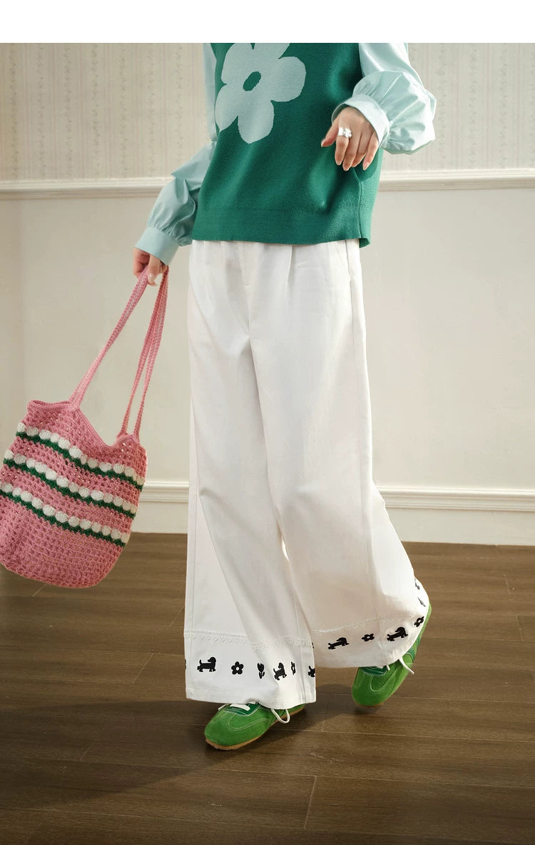 KUOSE Lace-embroidered Straight Wide-leg Pants