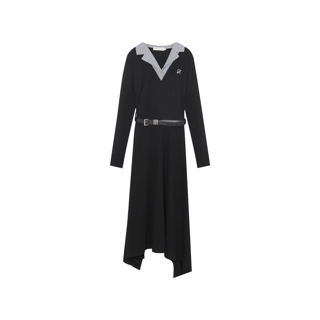 Wildberry Korean Lapel Patchwork Fitted A-Line Dress