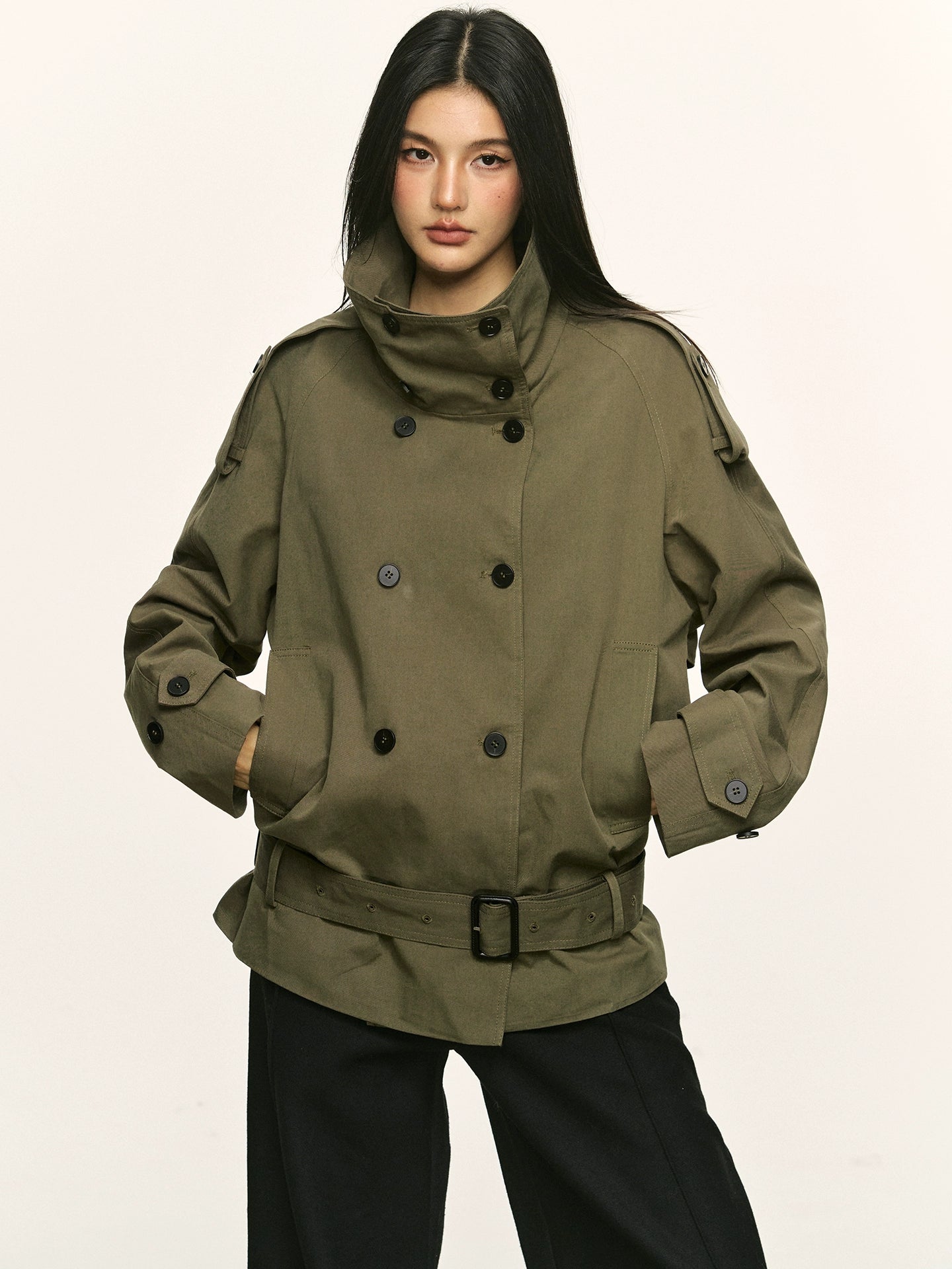 Anna Aneae Stand-up Collar Strap-on Tooling Trench Coat