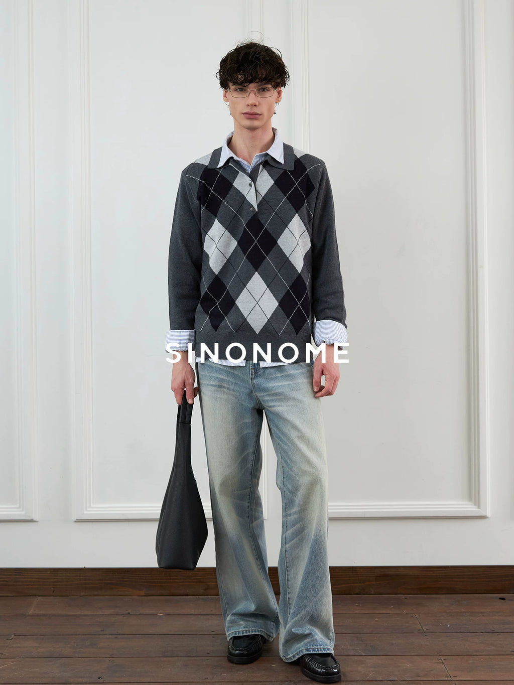 SINONOME wool blended grid retro Polo long-sleeved knitted sweater