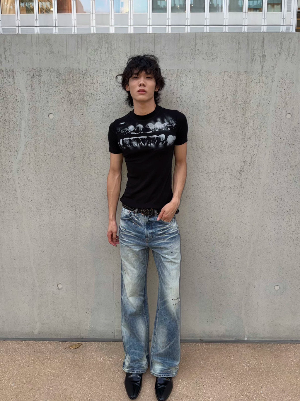 VOWPROGRESS Washed Glacier Blue Distressed Whiskered Flared Jeans