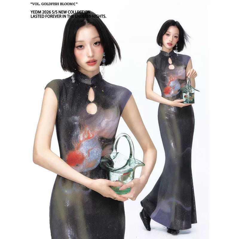 YEDM Scale Glow Goldfish Cutout Qipao Dress