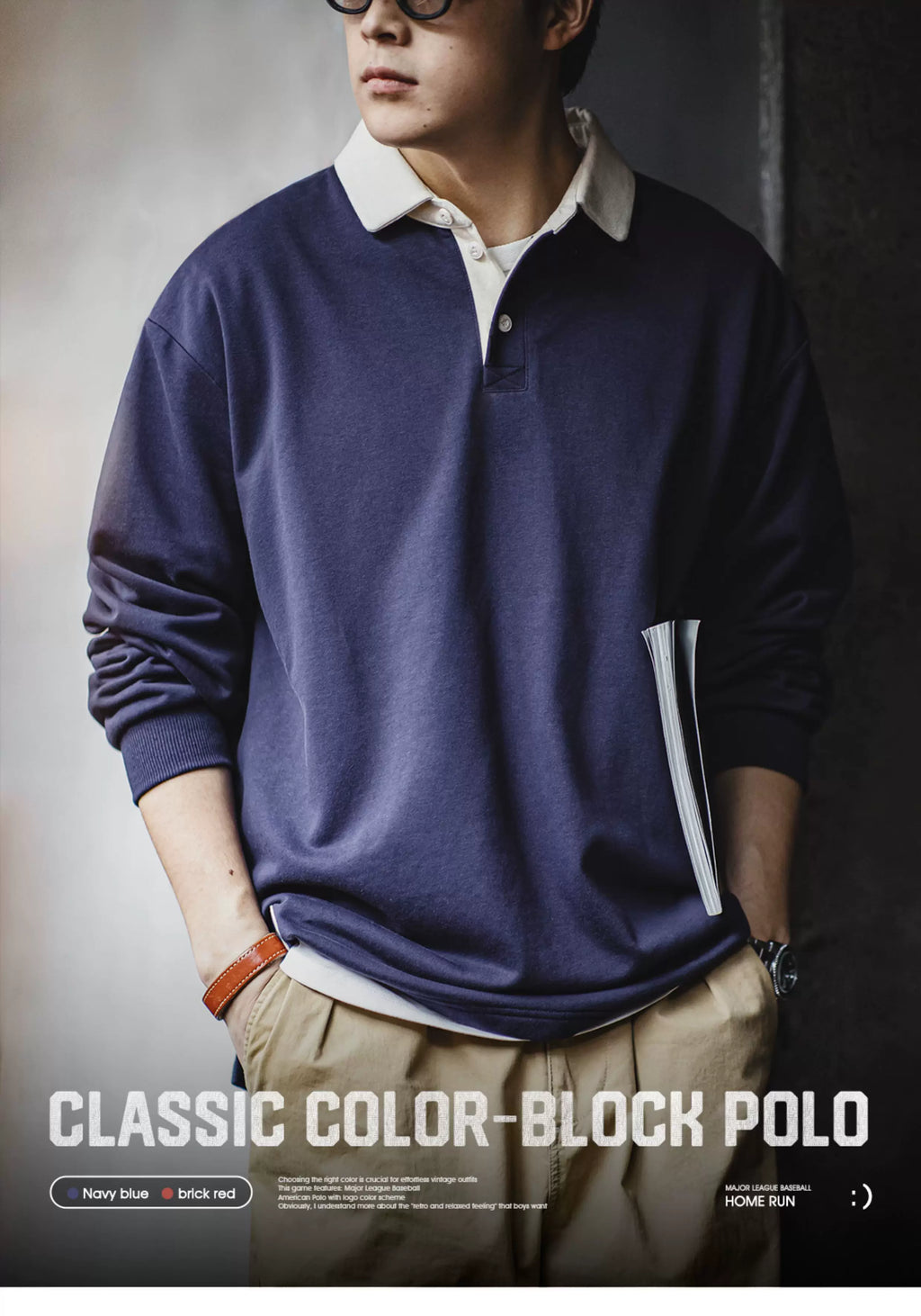 MADEN Knitted Contrast Collar Long-Sleeve Polo Shirt