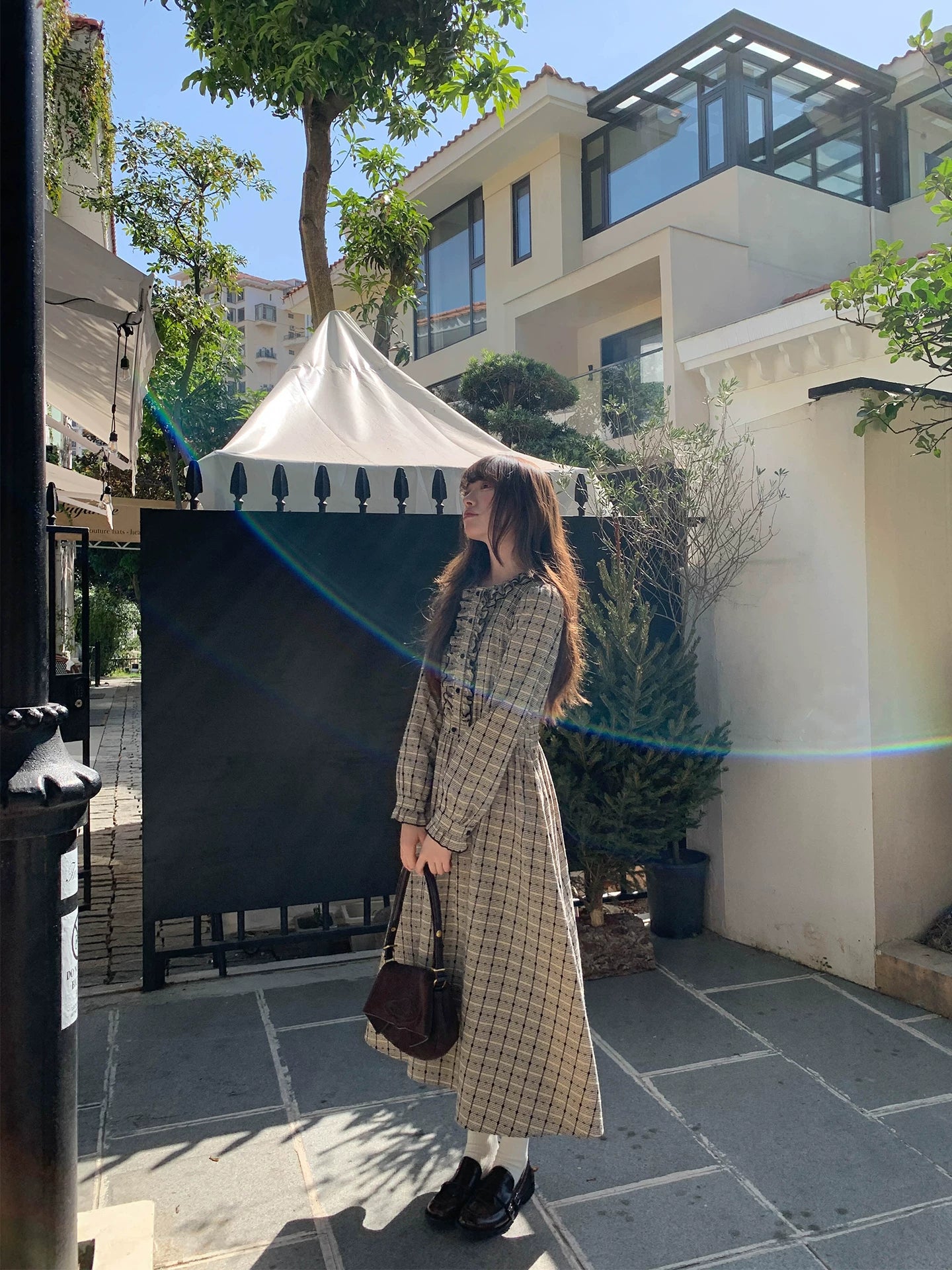 Kano Fungus Edge Collar Bubble Sleeve Plaid Dress