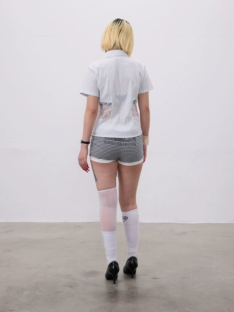 CHAI Lace Dagger Splicing Waist Shirt Tee