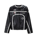 F2CE Embroidered Vintage Striped Stitched Loose Leather Jacket