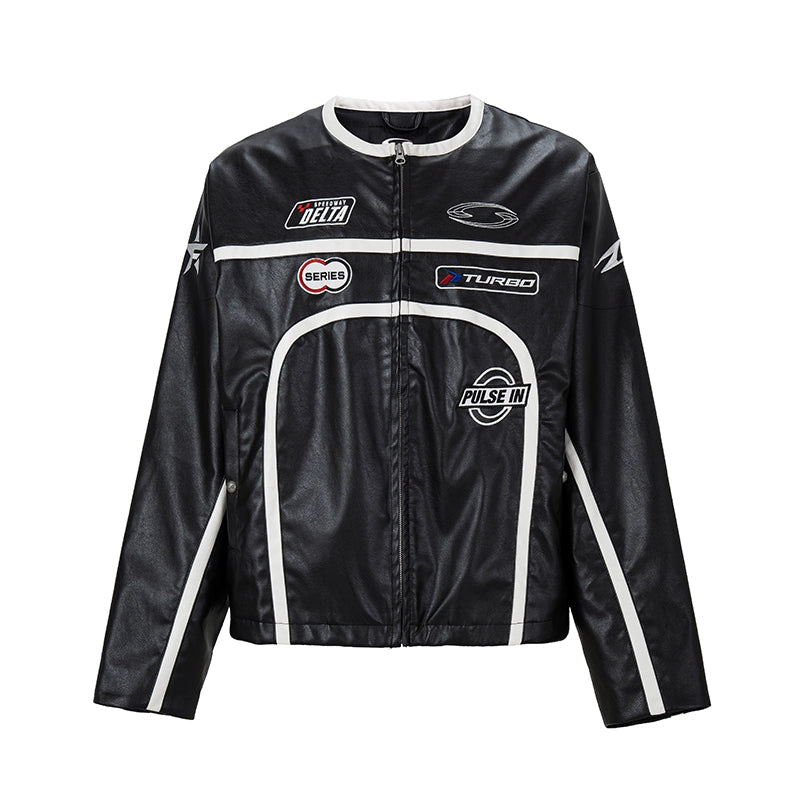 F2CE Embroidered Vintage Striped Stitched Loose Leather Jacket