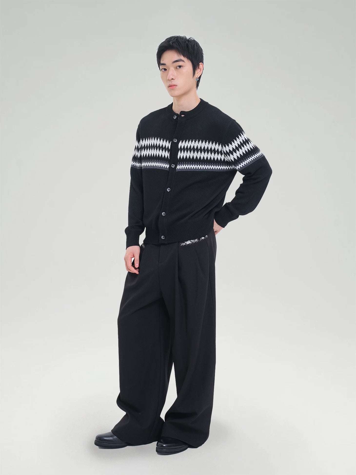 TZ Jacquard Striped Lapel Loose Wool Tee