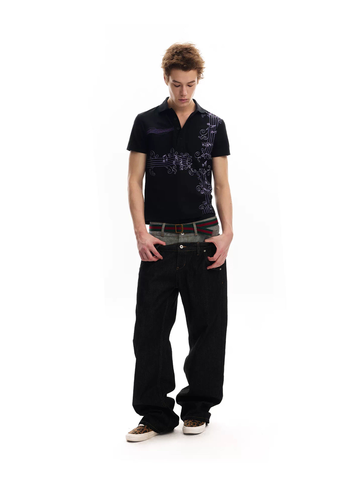 No E Mosen Purple Vine Music Note Print Casual Tee