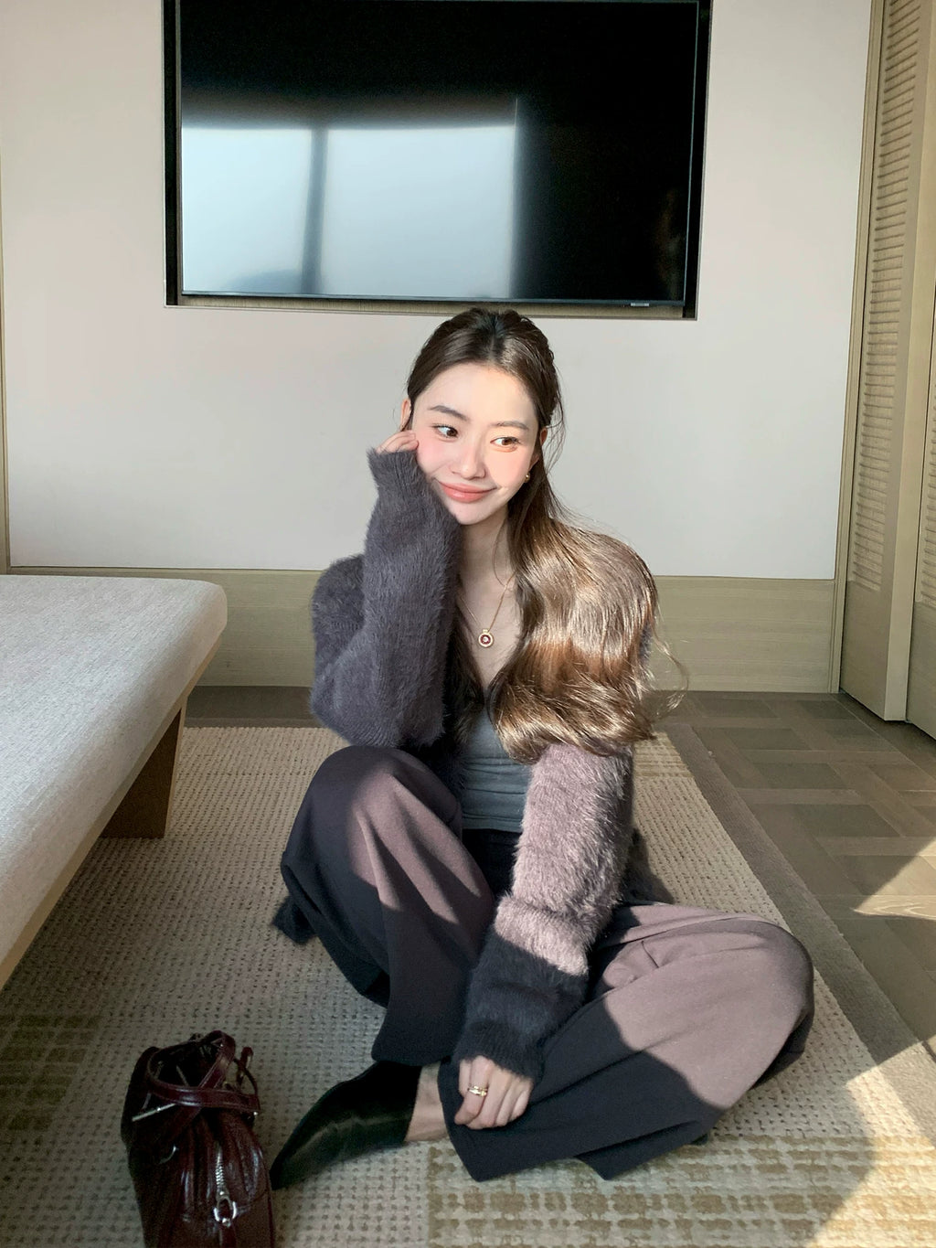 Pusumede  V-neck Loose Imitation Mink Cardigan