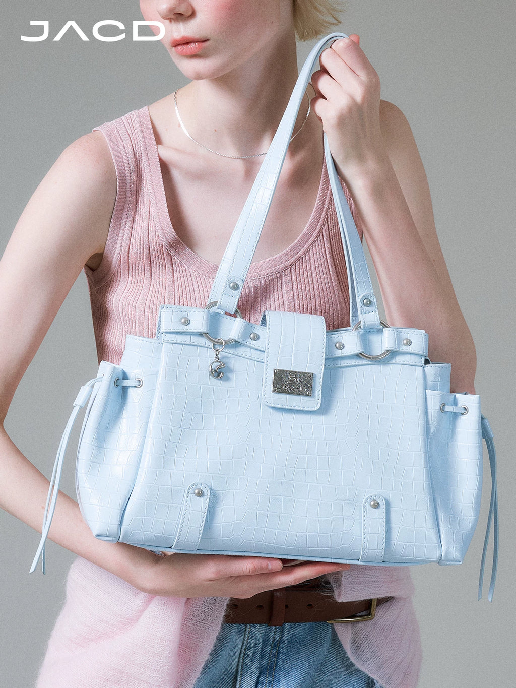 JACD Glacier Blue Faux Leather Croc-Embossed Zip-Top Shoulder Bag
