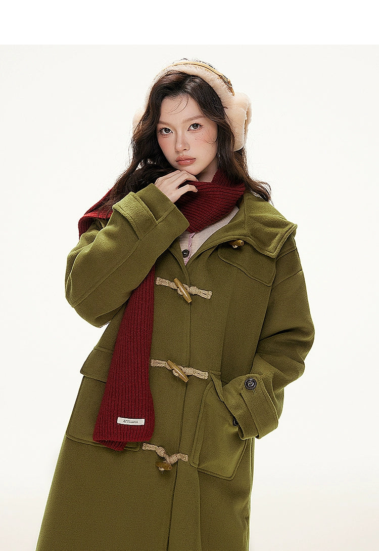 Imone Retro Horn Buckle Casual Medium and Long Woolen Jacket