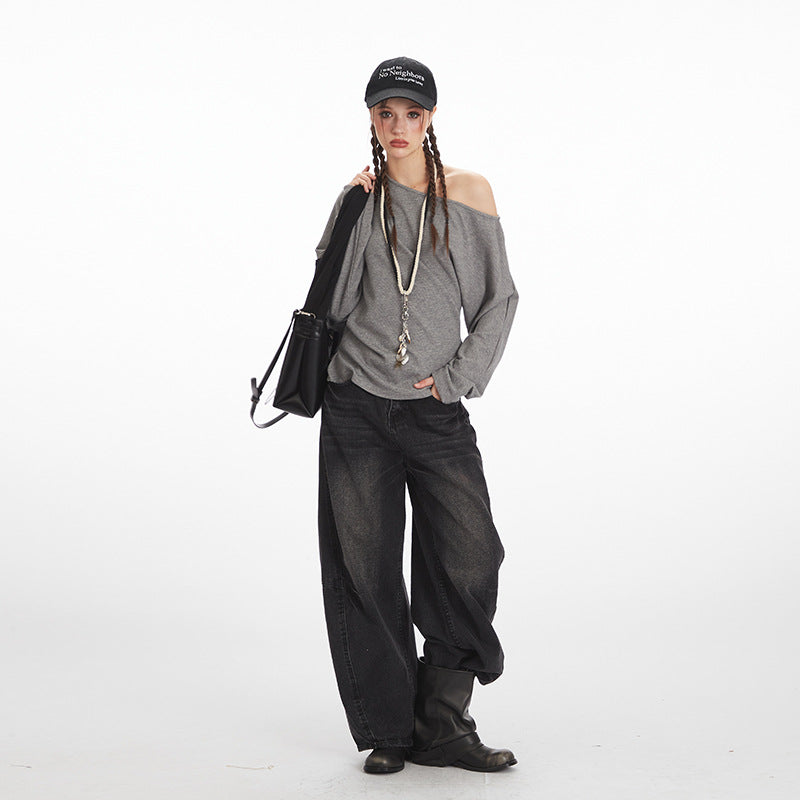 Nariele Irregular Diagonal Collar Waist Long Sleeves