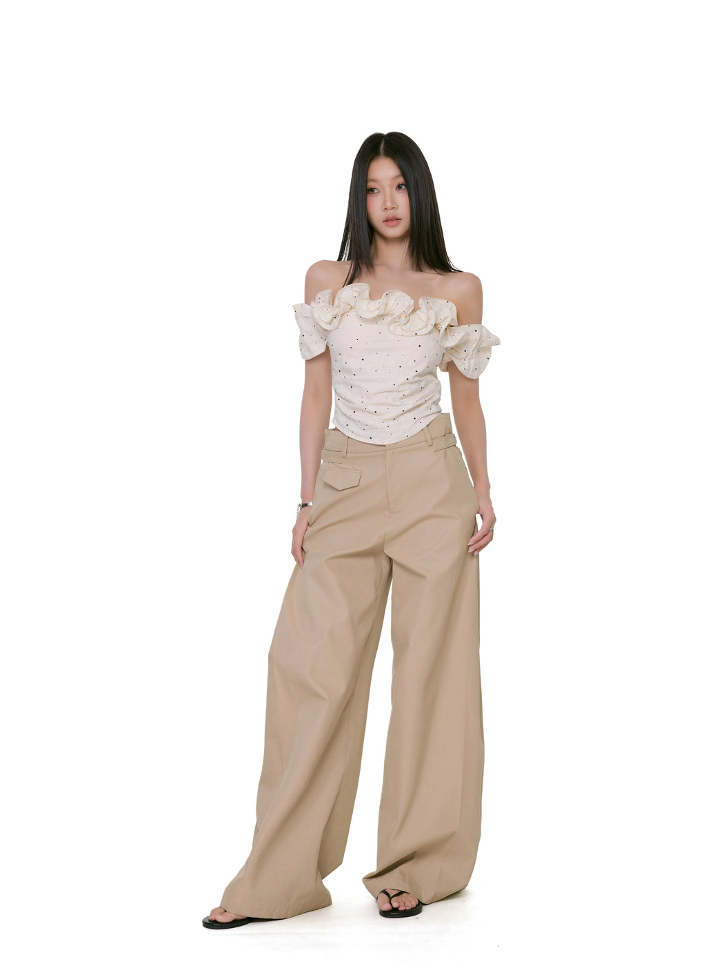 WITHMIN One-word Shoulder Polka Dot Waist Shirt