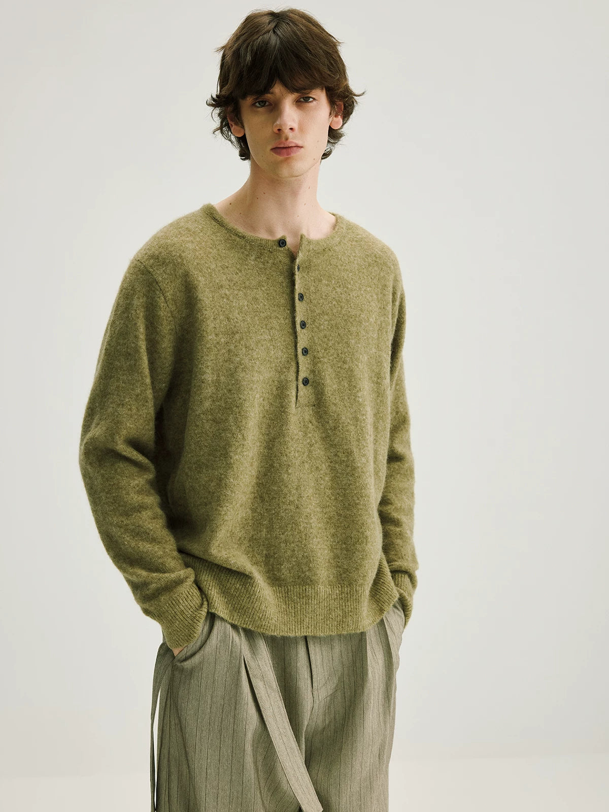 CARPEM Raccoon Patterned Yarn Henley Neck Breathable Sweater