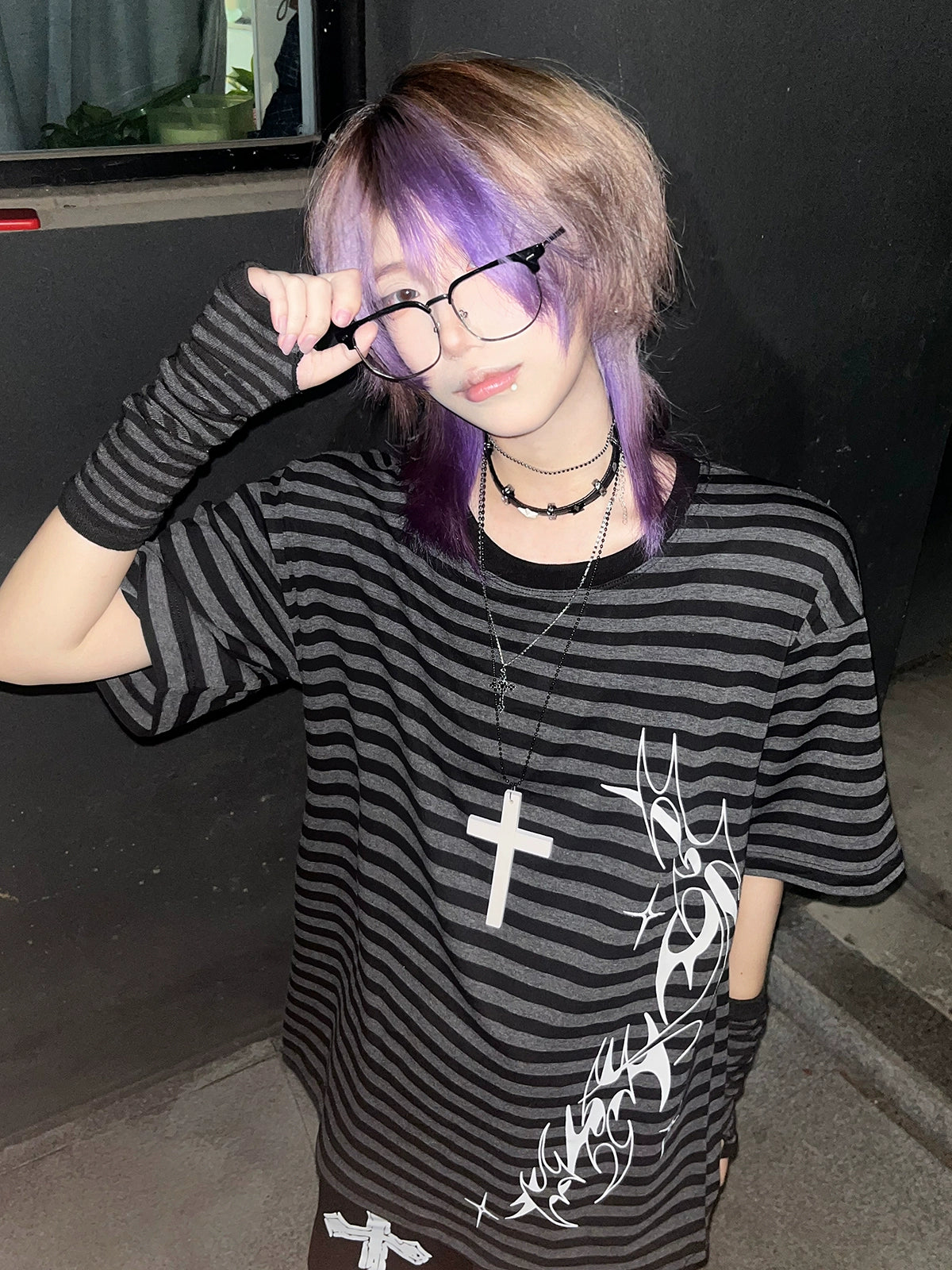 Wetbody Striped Casual Loose Tee