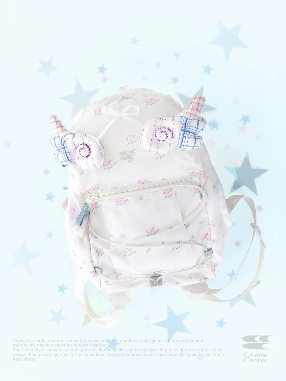 Crying Center White Floral Nylon Zip-Top Backpack
