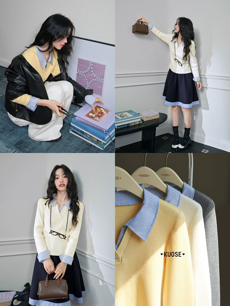 Kuose Striped Fake Two Polo Collar Slim Knit