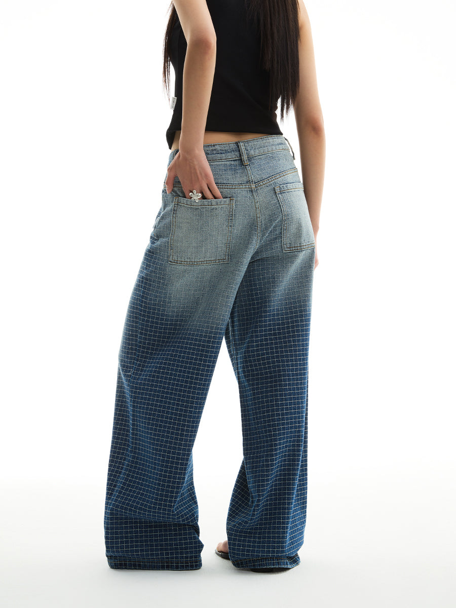 FUNKYFUN Embroidered Plaid Line Straight Jeans