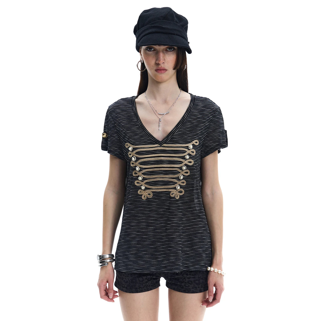 FayChui Palace Pearl Knotted Striped Breathable Tee