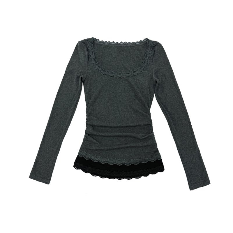 JCAESAR WOMEN Pleated Lace-Trim Merino Wool Blend U-Neck Slim Fit Tee