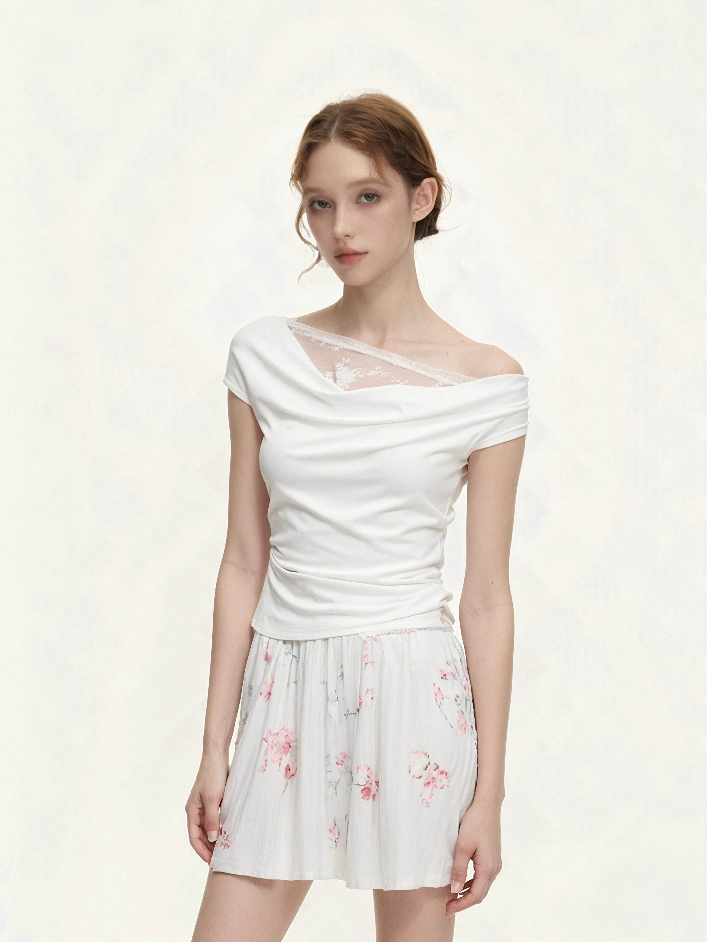 SURE ENOUGH White Lace-Trimmed Off-Shoulder Moisture-Wicking Top