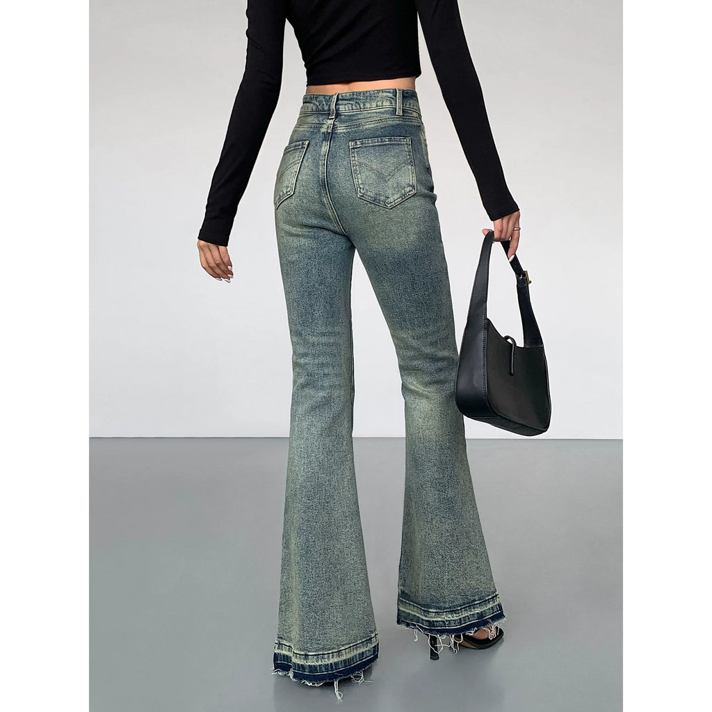 OUSPH Vintage High Waist Burr Edge Pull Jeans(clearance)