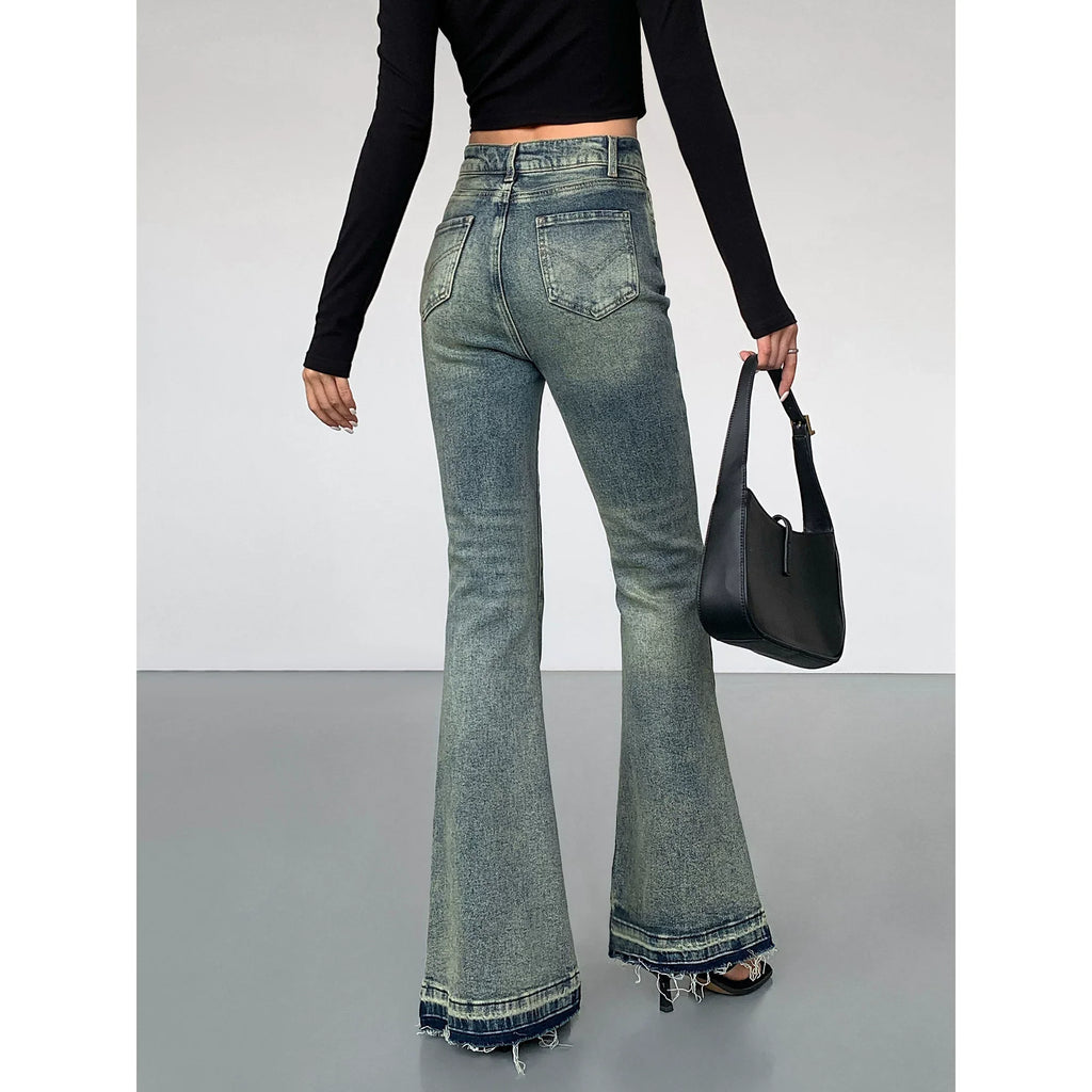 (Clearance) OUSPH Vintage High Waist Burr Edge Pull Jeans