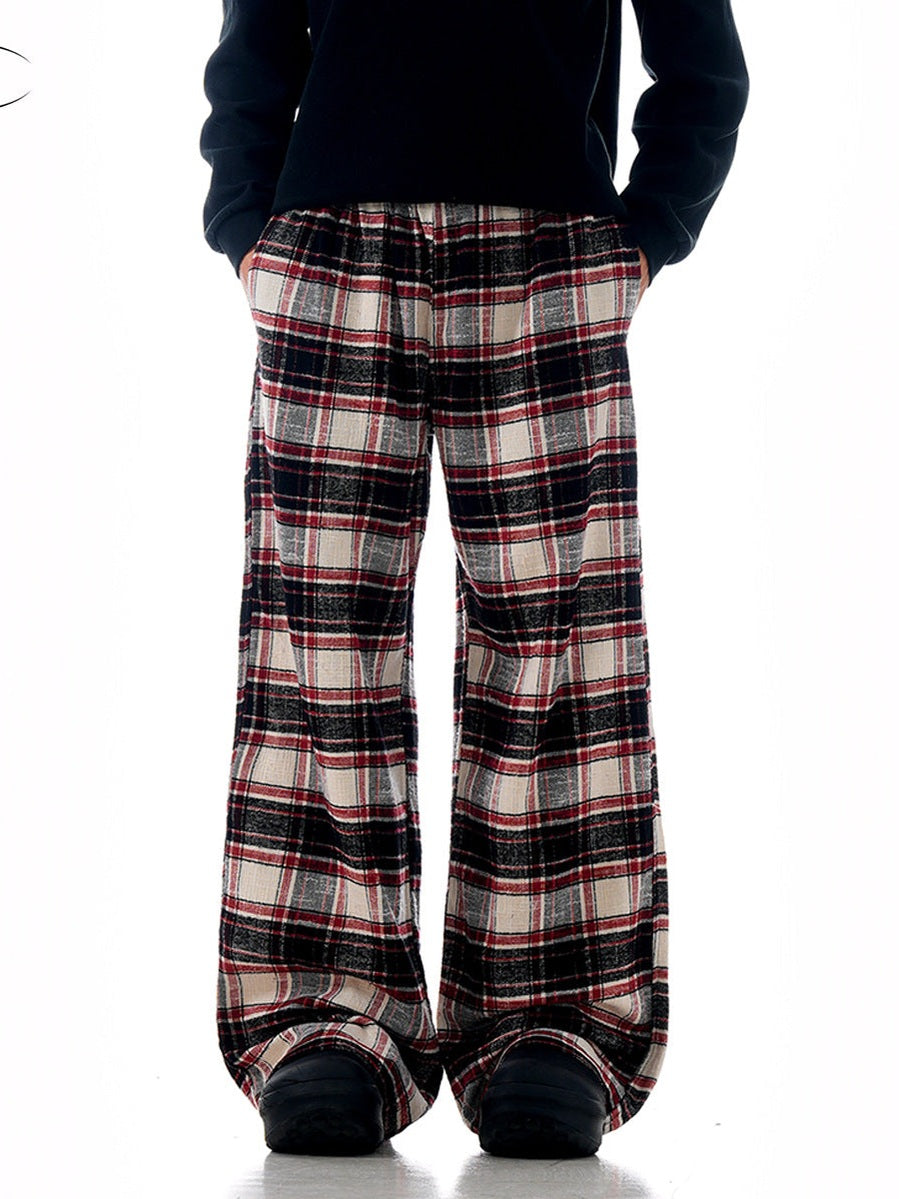 11KN Color-blocked Red Checkered Drawstring Straight-leg Slacks