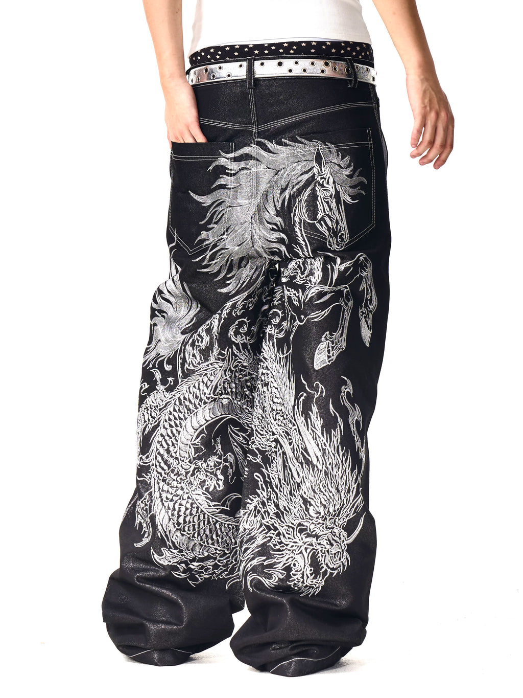 Fourth3ex Dragon Horse Totem 400g Breathable Wide-Leg Jeans