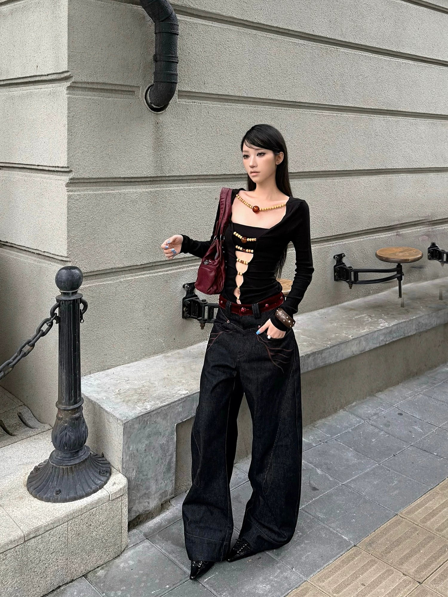 Esaias Topstitch Straight Wide-leg Jeans