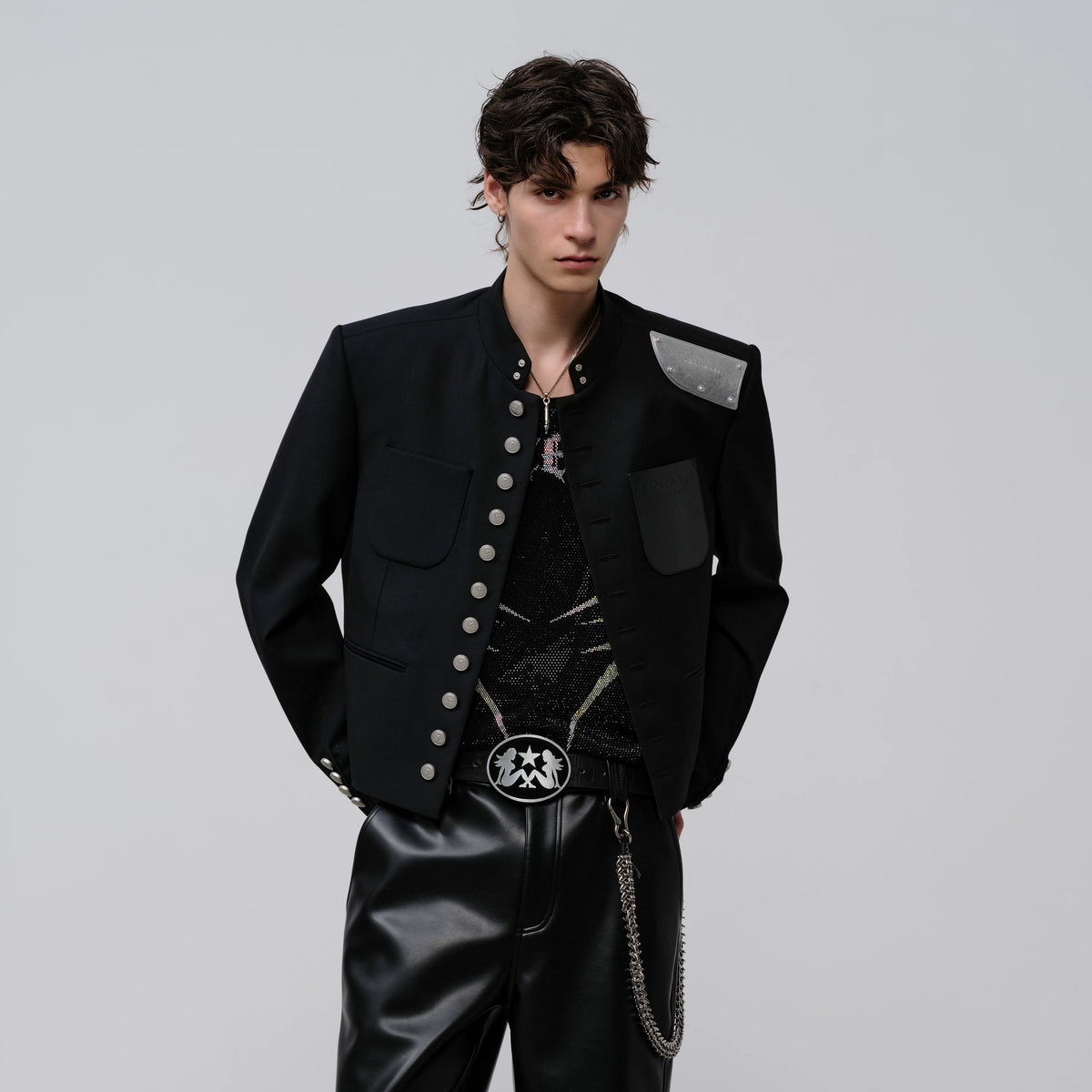 FACEON LAB Patch Uniform Stand Collar Casual Blazer Short Men's Jacket