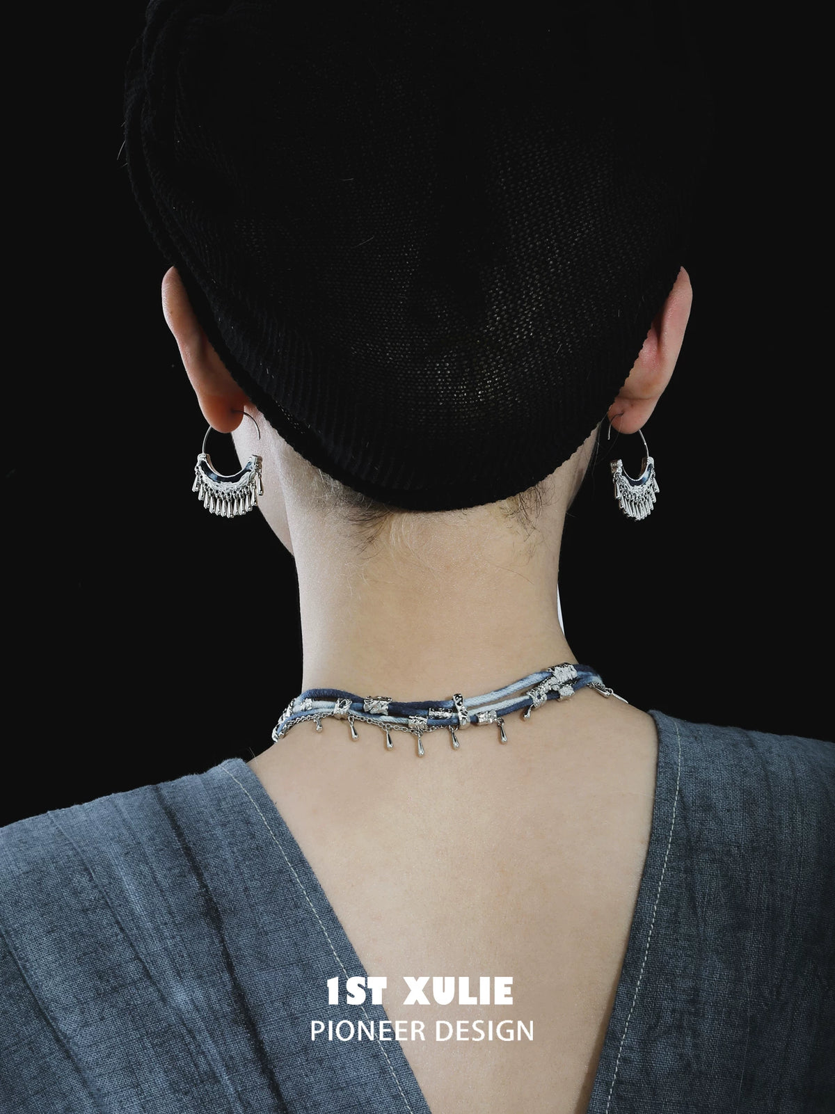 1ST XULIE Silver Miao Tassel Hoop Earrings