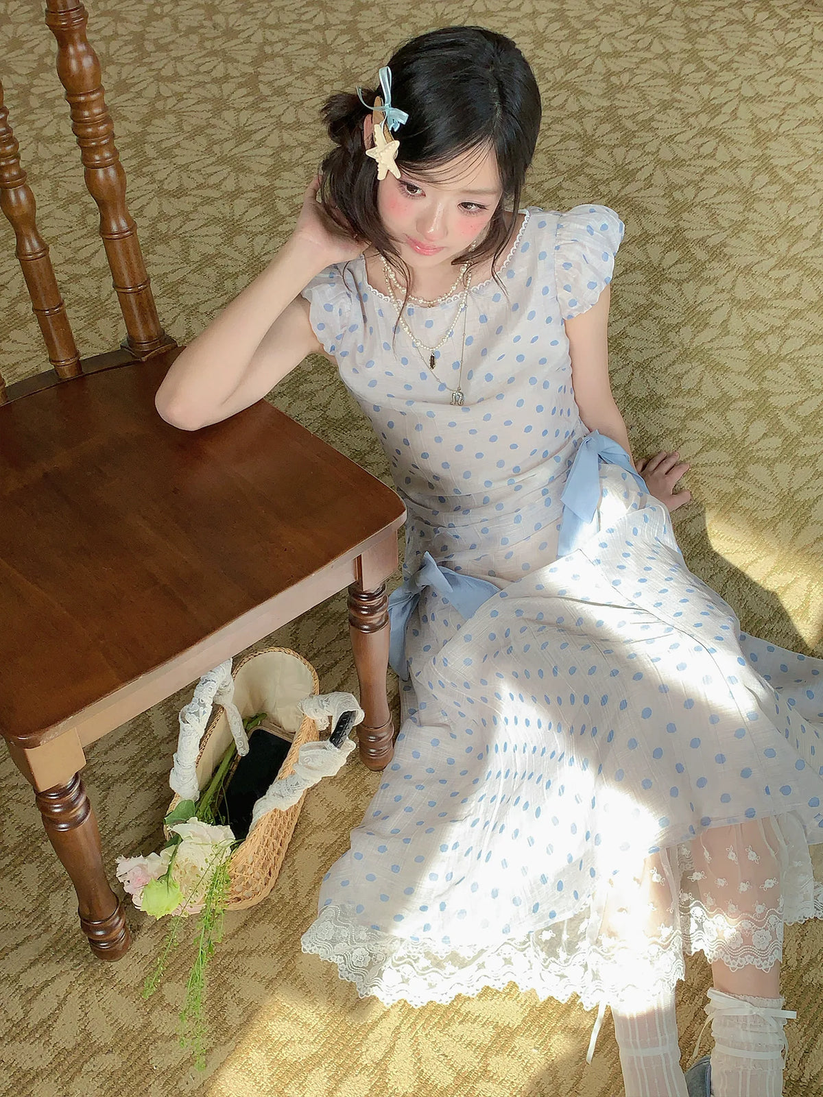 RRFIGHT Blue Mist Polka Dot Breathable Slim Fit A-Line Dress