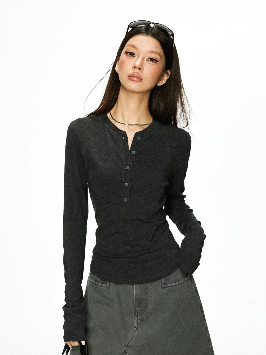 Cherry Melody Henry Collar Button Versatile Primer Long Sleeve