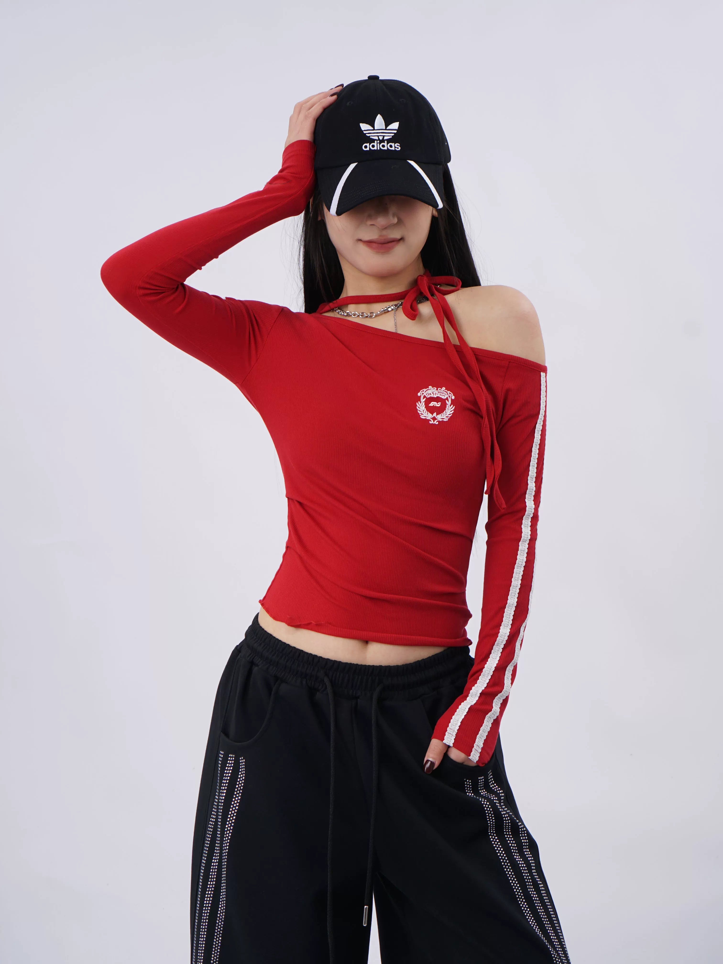 SAMUSAN Slanted Shoulder Striped Strap Long Sleeve