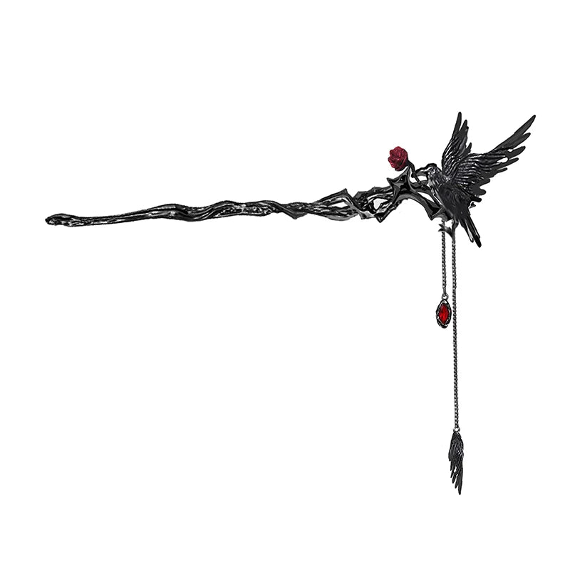 MASW Edgy Black Crow Hairpin Dark High-End Tassel Hair Accessory