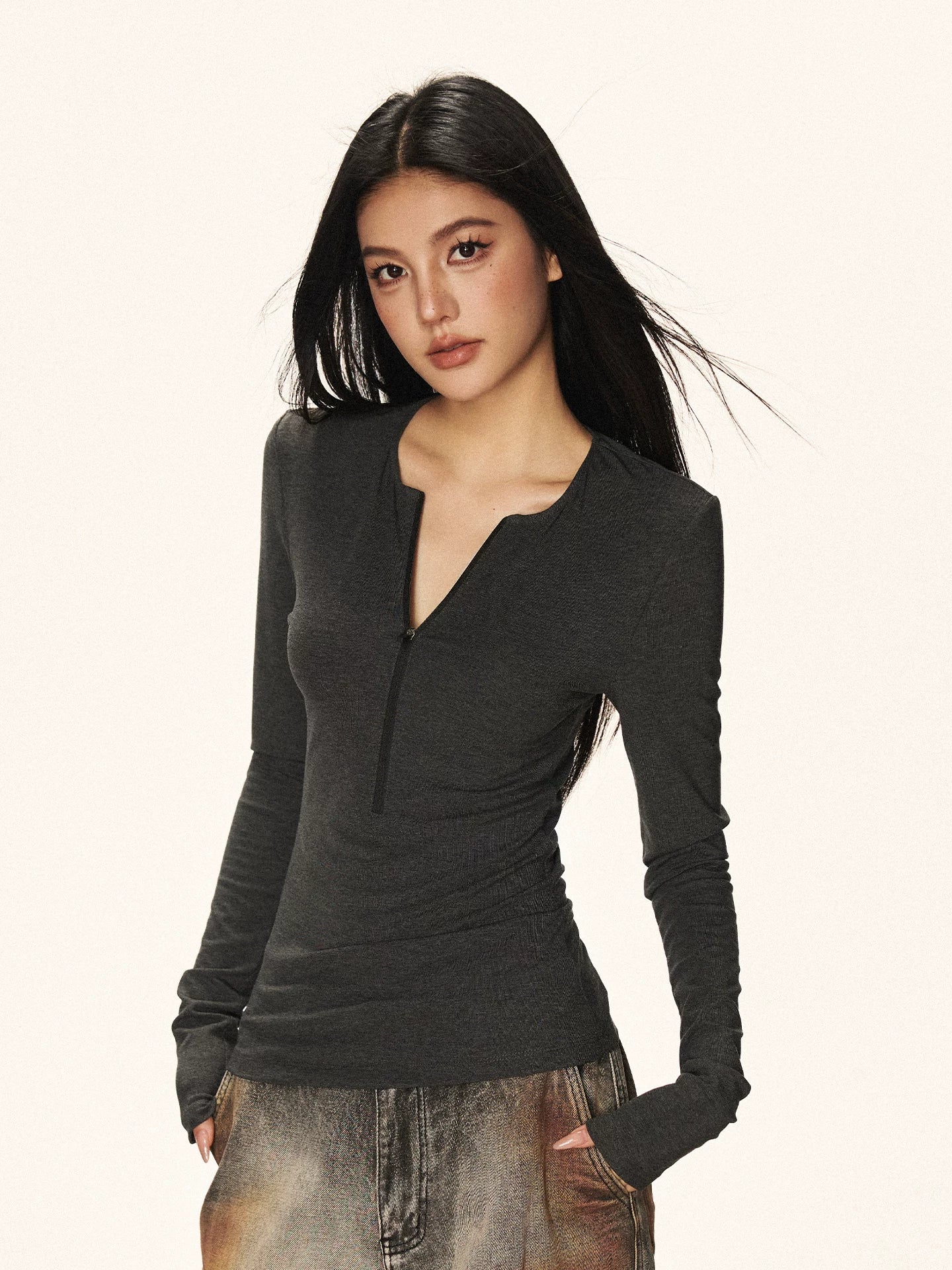 Cherry Melody Vintage Tencel V-neck Zipper Long Sleeve