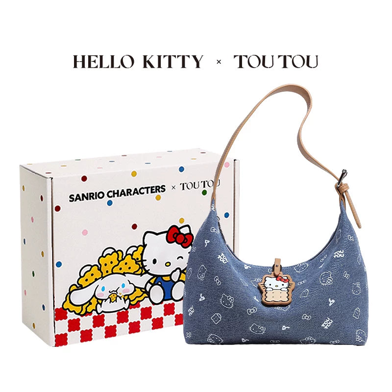 TOUTOU Denim Cartoon Print Zip-Top Underarm Bag