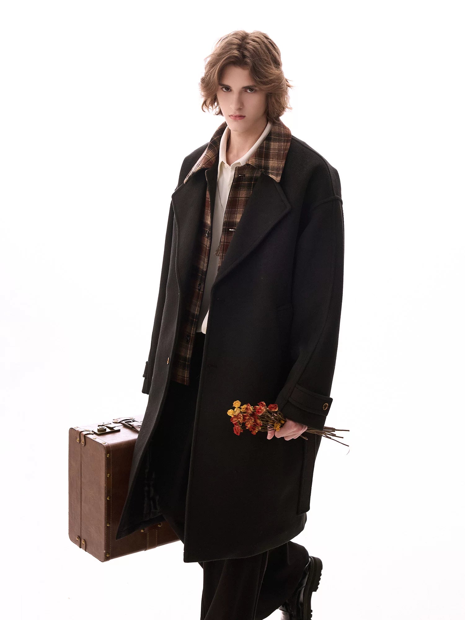CHOR Casual Plaid Stitching Fake Two-piece Woolen Jacket