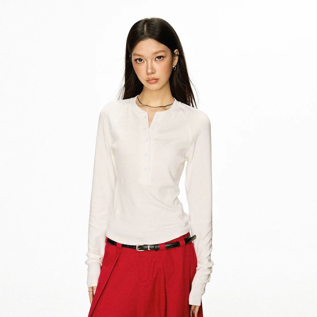 Cherry Melody Henry Collar Button Versatile Primer Long Sleeve