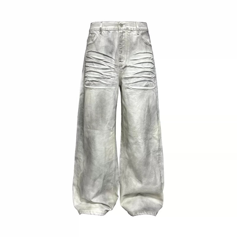 JCAESAR Dirty Denim Pleated Straight Wide Leg Jeans