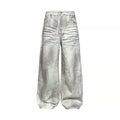 JCAESAR Dirty Denim Pleated Straight Wide Leg Jeans