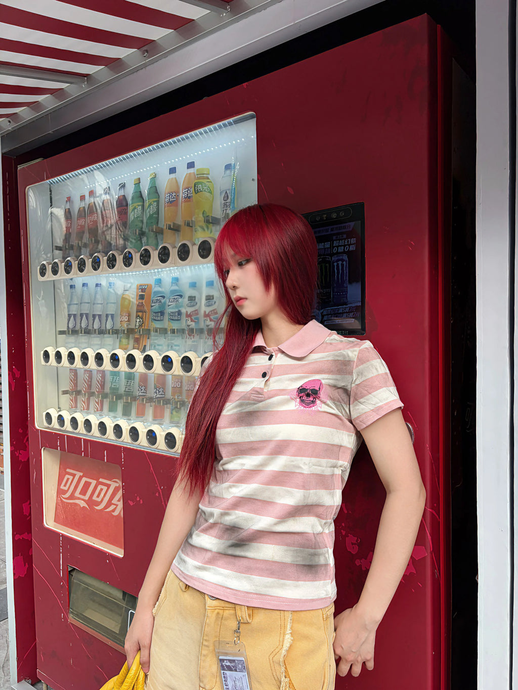PAIKI Pink Skull Distressed Washed Striped Subculture Polo Tee