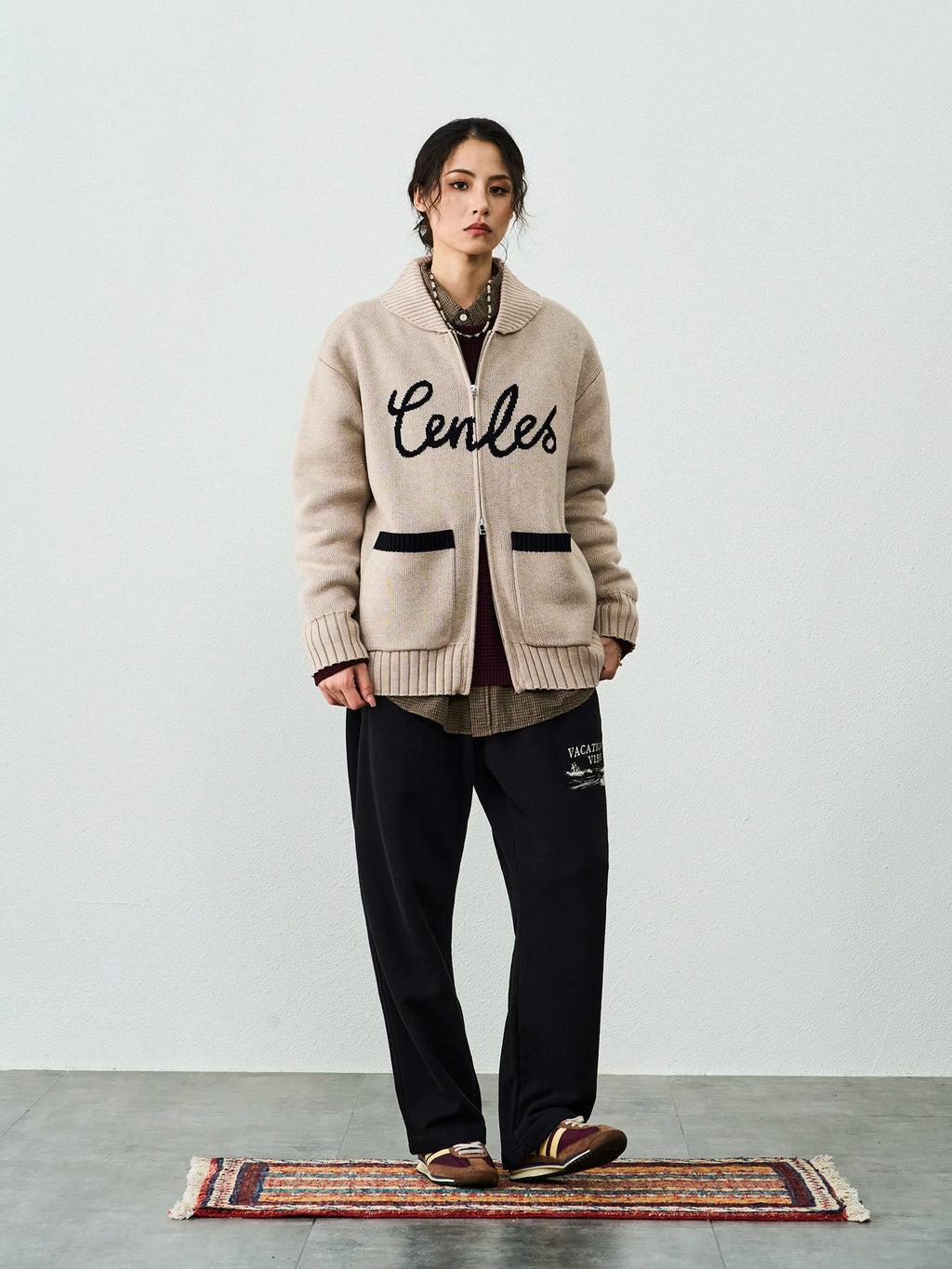 CENLES Wool-Blend Jacquard Knit Cardigan with Lapel